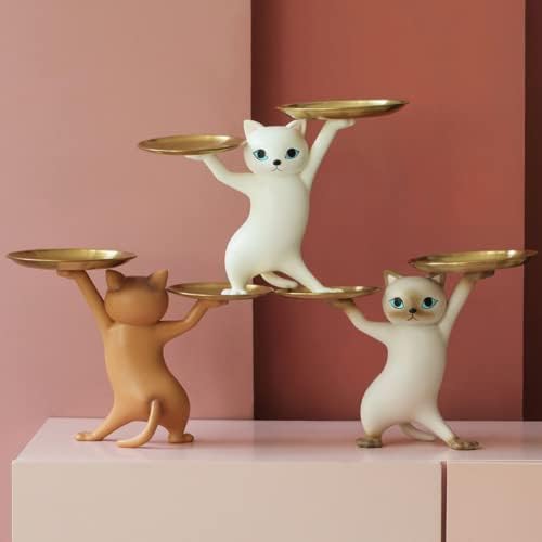 Figuras decorativas de bandeja decorativa de resina Slowtee, bandejas de estátua de gato engraçado de dança encantadora para decoração de mesa de entrada em casa/quarto/escritório, escultura de gatos para doces/lanches/key/gadgets armazenamento