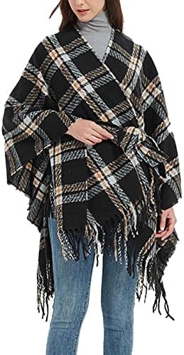 Plaid Shawl Wrap Poncho Ruana Cape Sweater Aberto da Frente Cardigan Kimono With Belt Para Spring out outono Inverno