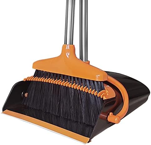 Broom e lixo conjunto com alça longa Combinagem de pó extensível para limpeza do escritório da cozinha （preto e laranja