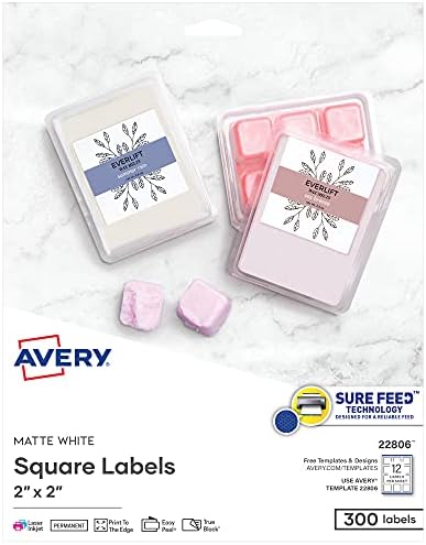 Rótulos quadrados de Avery para impressoras a laser e jato de tinta, alimento seguro, 2 x 2, 300 rótulos brancos