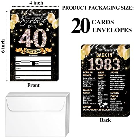 40º Cartão de convite de festa de aniversário - Convites de ouro preto com impressão de pôsteres de volta em 1983 na parte traseira convites de preenchimento duplo e verso - 20 cartões com envelopes para favores de festas - SR -13