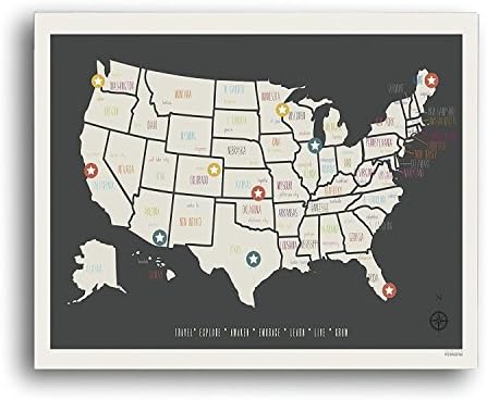 Mapa de viagem dos EUA Impressão de arte de parede, mapa de viagem personalizado, impressão de 18x24 polegadas, mapa dos EUA