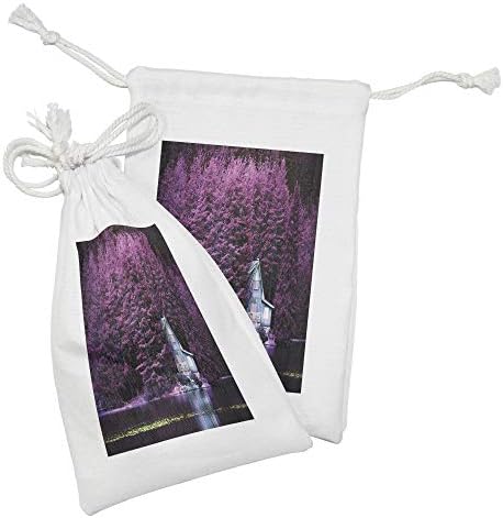 Bolsa de tecido de lavanda de Ambesonne Conjunto de 2 árvores, por um lago azul de madeira rústica Lakehouse Lodge Romantic