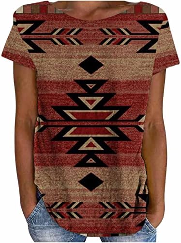 Camisas para tops casuais de verão para mulheres de estilo étnico ocidental camisetas clássicas de camisetas vintage Rhombus geométrico Tees impressos