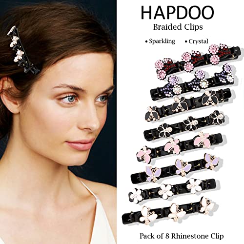 Hapdoo 8pcs Crista de cabelo trançada de pedra cristalina brilhante para mulheres, tecido de cetim de cabelos trançados de pedra de cristal, armário de cabelo barretas de cabelos acessórios Flower Butterfly Clipe de cabelo para encharcamento