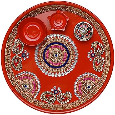 Arcado de laranja Pooja Thali Plate Plate Placado Placa Decorativa de Aço Decorativo Puja Thali Com Artigos Essentiais
