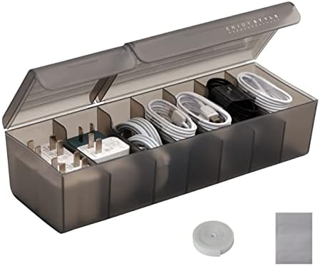 Caixa de organizador de cabos de plástico NJLJOM com gravatas e etiquetas, 2 compartimentos carregam cabo USB CABO, Organizador de acessórios eletrônicos e armazenamento para casa, escritório, gaveta Organizador, acessórios de mesa