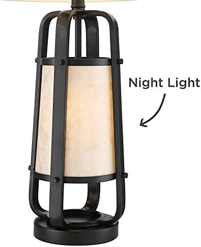 Franklin Iron Works Stacey Rustic Industrial Table Lamp 29 de altura com Night Light Bronze Metal Natural Mica Linho Tambor para