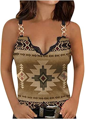 Tampas de tanque de guarnição de renda para mulheres V Camisola de pescoço com o pescoço Chain Straps Ethnic Print Vest 2023 Blouse de verão na moda