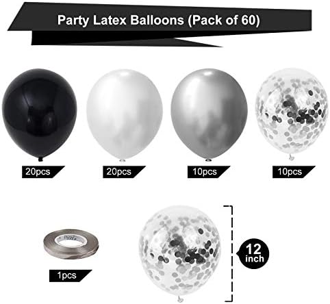 Bezente Balloon Black Silver Confetti Latex, 60pcs de 12 polegadas de 12 polegadas de cromo metálico de prata preto e balões