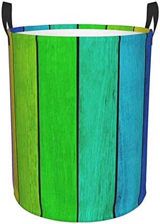 Arco -íris de fundo de madeira imprimindo cesto de lavanderia grande com alça de lavanderia de água dobrável para o quarto,