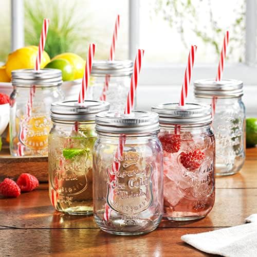 Jarros de bebida de glaver - conjunto premium de 6 vidro com tampa - canecas de vidro transparente de 15 oz - espaçosas e fáceis