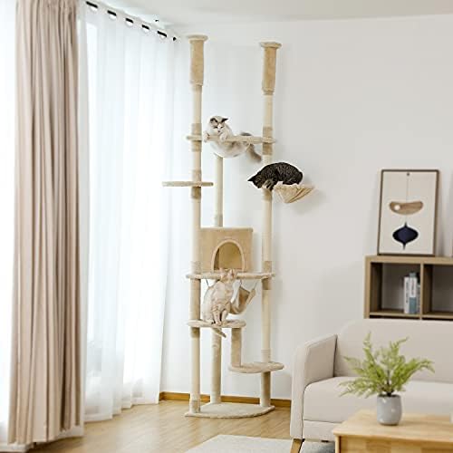 Torre de gato de gato da árvore do chão ao teto Altura de gato de gato de escalada alta com postes de arranhões, condomínio aconchegante, poleiro e grande hammock bege