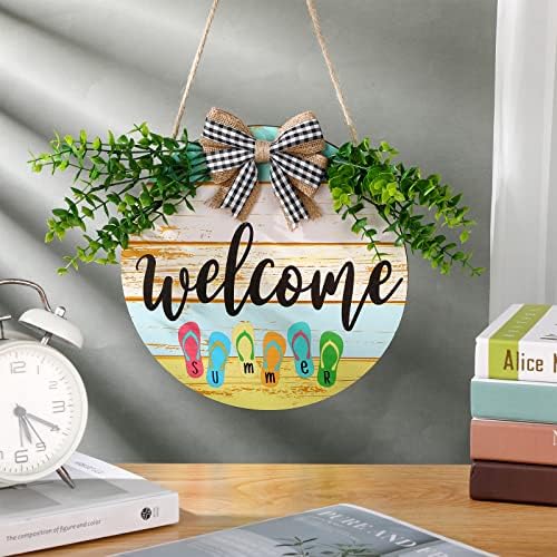 Jetec Summer Flip Flop Sinal de boas -vindas 11 polegadas redonda de madeira Peting Signing Summer Welcome Sign Farmhouse Porta da