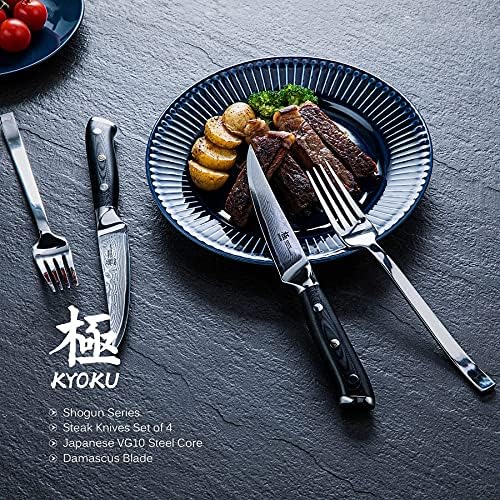 Kyoku Shogun Series 8 Chef Professional Chef + 4,5 Facias de bife não serradas Conjunto de 4 - Core de aço VG10 japonês Blade Damasco - com bainha e caixa