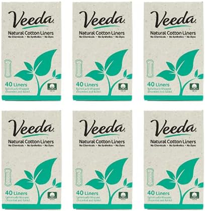 Veeda Ultra Fin Fin Natural Algodão Respirável Diário diário é sempre cloro e sem toxinas, hipoalergênico, 6 caixas de 40 contagem