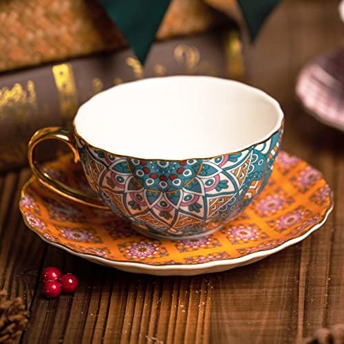 Taimei Teatime Porcelain Copos e pires de porcelana 6 oz, conjunto de 2, xícara de café em estilo bohemia com pires com