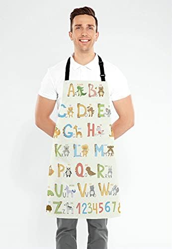 Lefolen Alphabet com avental de animais de desenho animado com pescoço ajustável para homens mulheres, adequado para cozinha em casa cozinheira garçonete churro bistro bistro de avental