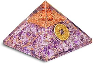 Pyor ametista pirâmide orgona com bobina de cobre ponto de cristal pirâmide feng shui moeda orgonita pedra de papel geme pedra cúmetora