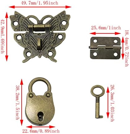 DGBRSM Butterfly Latch Hasp Set Butterfly Lock com 2 teclas, 2 dobradiças e parafusos de montagem para pequenos armários de mala de jóias de jóias, bronze