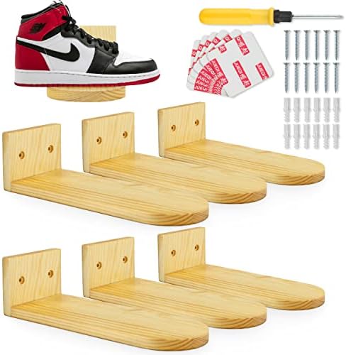 Prateleira de sapato de parede - prateleira de exibição de sapatos de madeira - conjunto de criações tradicionais de montagem de 6 parede e instalação de fita adesiva, suporte de sapato flutuante para sneakers prateleira