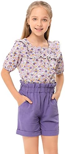 Lionjie Girls Summer Summer Sets Short Roupfits Roupfits Buff Sleeve Lace Gollar Camisetas Ruffle Trim Shorts 3-12y