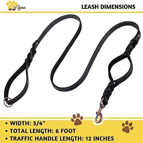 Colar de cachorro de couro preto Conjunto de coleira - alça dupla coleira de couro de cachorro 6 pés x 3/4 e colarinho de