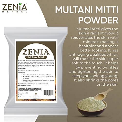 Zenia Pure Fullers Earth Powder | 100 gramas | MULTANI MITTI MUDA FACE FACE POWDER | Argila de cura indiana bentonita | Fragrância pura não adicionada | Máscara facial natural