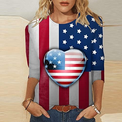 4 de julho Camisas para mulheres American Flag Summer 3/4 Sleeve Crewneck T camisetas de três quartos de férias de férias casuais