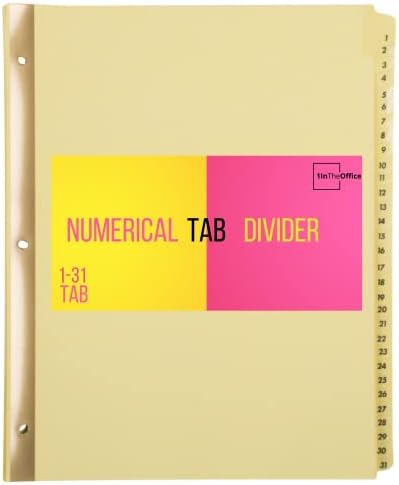 1InTheOffice Numered Divishers, 1-31 Divisores de guias, divisores de fichário, divisores de fichário com guias, divisores