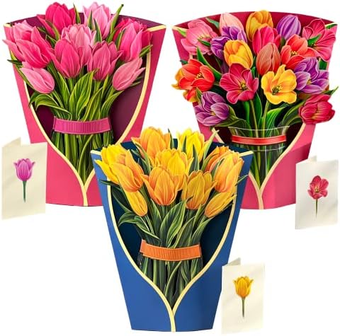 Cartões pop -up de papel fresco, pacote de tulipa misto, 12 polegadas de tamanho de vida para sempre, bouquet 3D cartões de felicitações