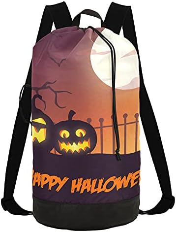 Pumpkin Happy Halloween Laundry Bag com tiras de ombro para lavanderia Backpack Bag Fechamento de Custring Hurture Handper para