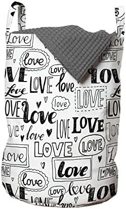 Bolsa de lavanderia do Dia dos Namorados de Ambesonne, palavras de amor desenhadas à mão como mensagem romântica Couples Couples, cesta de cesto com alças fechamento de cordão para lavanderias, 13 x 19, cinza -carvão e branco