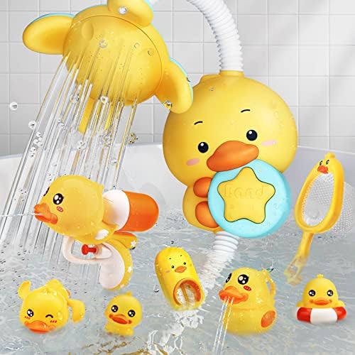 Deejoy 8 PCs Bath Toy Set com chuveiro elétrico, brinquedos de esguicho flutuante e jogo de pesca, brinquedo de