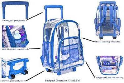 K-Cliffs Rolling Backpack Clear Mochila Pesada Bookbag Qualidade Veja através de bolsas de trabalho Daypack Daypack Sacos de livros escolares transparentes com rodas azul royal 17 polegadas