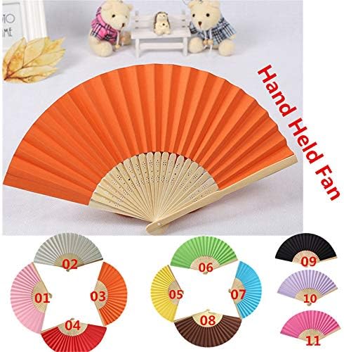 icodod 7 polegadas de seda dobrável ventilador de cor sólida papel padrão de bambu adereços para a festa de casamento da dança Favor de decoração DIY laranja laranja