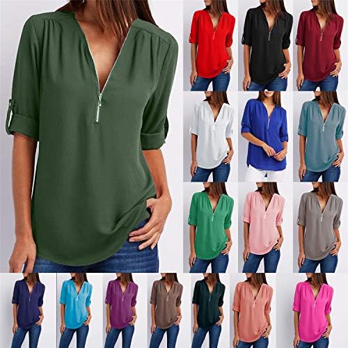 Blusa de chiffon de zíper feminino V Conhas de chiffon algemadas camisas plissadas meio zip -up camisetas de túnica casual