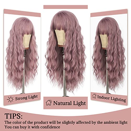 Sapphirewigs peruca roxa com franjas longas perucas onduladas para mulheres misturam perucas de perucas onduladas roxas perucas resistentes ao calor para festa diária 26 polegadas