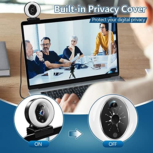 Hicleafe 2k webcam com luz de anel, câmera da web Ultra HD com microfone, brilho ajustável em quatro níveis, plugue e reprodução de webcam com capa de privacidade e tripé para laptop pc mac zoom skype