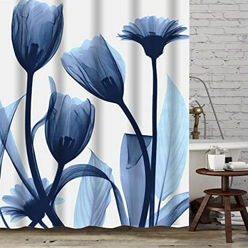 Cortina de chuveiro azul yjhaotou, cortinas de chuveiro de flores para banheiro, tulipa azul conjunto de cortina de tecido
