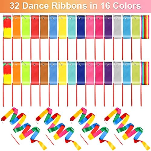 32 peças dança fitas rítmicas ginástica ramo de arco-íris, crianças artísticas girando fitas com alça não deslizante para festa de dança, shows de talentos, ginástica de dança, 16 cores