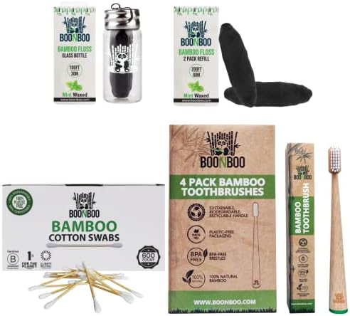 Floss BOONBOO Bamboo Carcoal Dental + 2pcs Reabilitação + swabs de algodão de 600ct + escovas de dentes