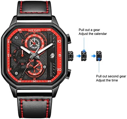 MEGir Men's SQURE Business Work Work Quartz Cronógrafo Luminous Sport Wrist Watch com cinta de couro 8106G