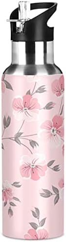 Alaza floral floresce e ramifica a garrafa de água rosa com tampa de palha isolada a vácuo aço inoxidável Thermo Flask Garrafa