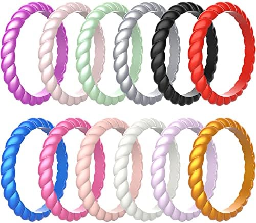 Zollen 12 compra anéis de casamento de silicone para mulheres, alianças de borracha fina de borracha anel empilhável, silicone hipoalergênico