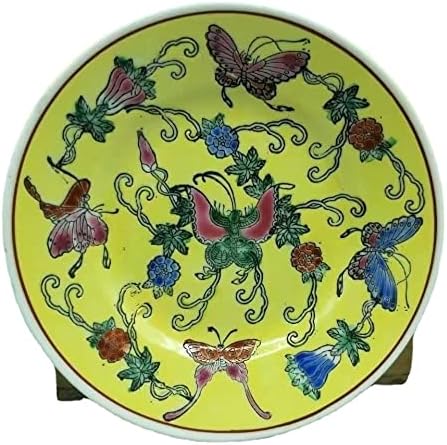 14,5 cm Jingdezhen Porcelana pastel pintada à mão Green Glaze Flower Butterfly Plate Ornamentos antigos