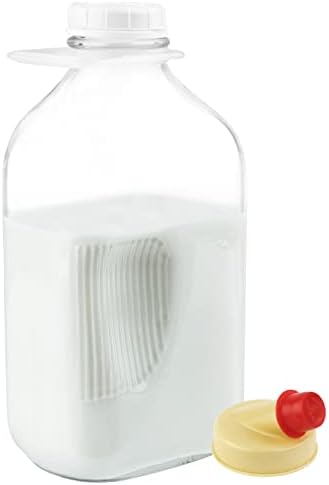 Kitchntoolz 64 oz de leite de vidro com tampas, recipiente de dispensador de leite de meio galão para geladeira, jarra de garrafa de vidro com tampa e bico de derramamento