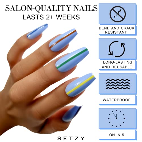 Setzy Press On Unhes - Manicure instantânea da qualidade do salão - “Sonho azul” - unhas azuis com design de linha