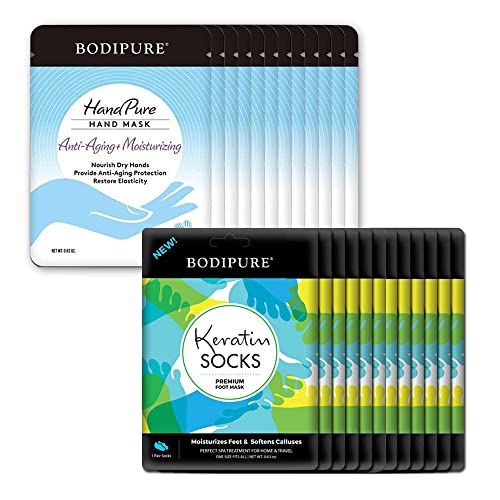 Bodipure Premium Keratin Socks and Handpure Máscaras de mão Pacote - Máscaras de pé hidratantes e luvas hidratantes - 12 pares de