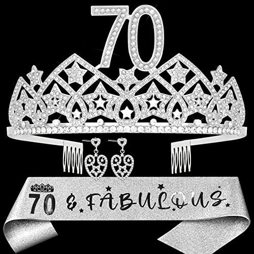 Presente de aniversário de 70 anos para ela, 70 e fabuloso, 70º aniversário Tiara and Sash, 70ª coroa de aniversário,